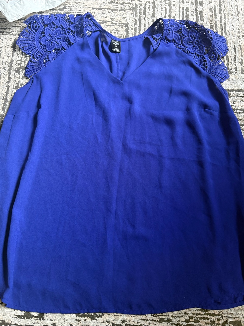 City Streets Royal Blue V-Neck Blouse with Lace Cap Sleeves